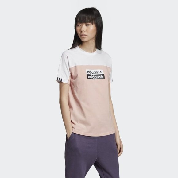 ADIDAS Originals tee short sleeve top white pink black trefoil t-shirt sz s nwt - Picture 1 of 11